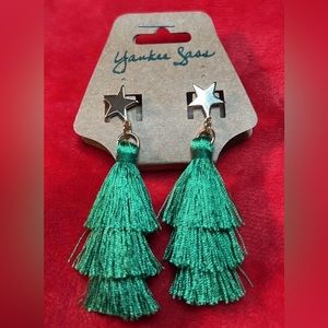 Christmas Tree Holiday Dangle Tassel Earrings Green With Brass Star HANDMADE